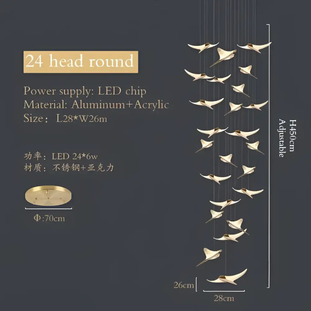 Modern gold dolphin pendant chandelier with 24 adjustable bird-shaped heads made of aluminum and acrylic by decorbites dolphin pendant