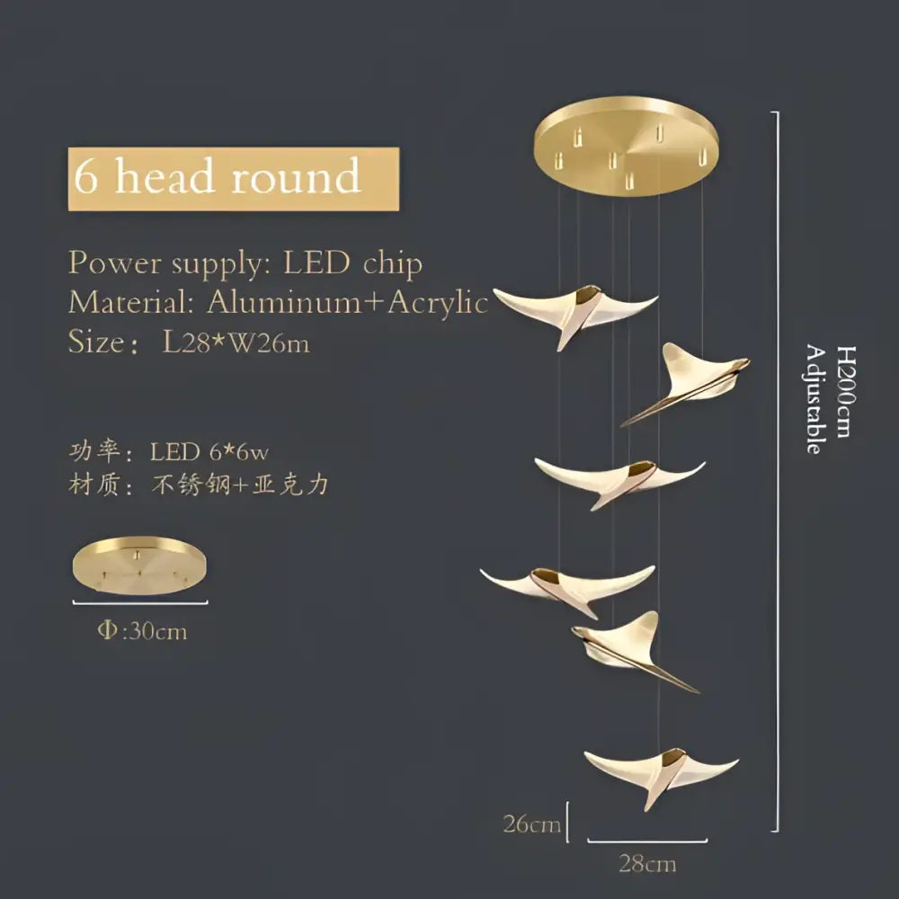 Modern gold decorbites dolphin pendant chandelier with six aluminum and acrylic wing-shaped lights for hotel lobbies