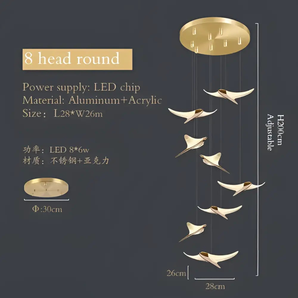Modern gold decorbites dolphin pendant chandelier with eight bird-shaped lamps and aluminum base for hotel lobby decor