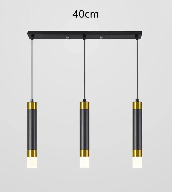 Modern gold double head led pendant lights in black and gold with cylindrical design suspended from 40cm bar