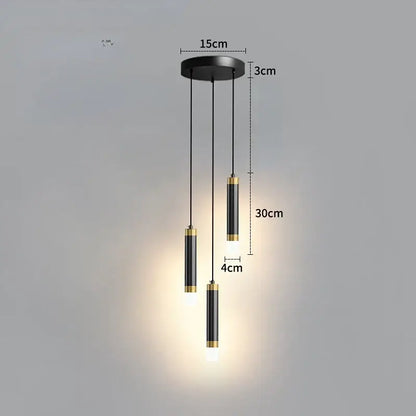 Modern black and gold cylindrical double head led pendant lights with three hanging bulbs for bedroom lighting