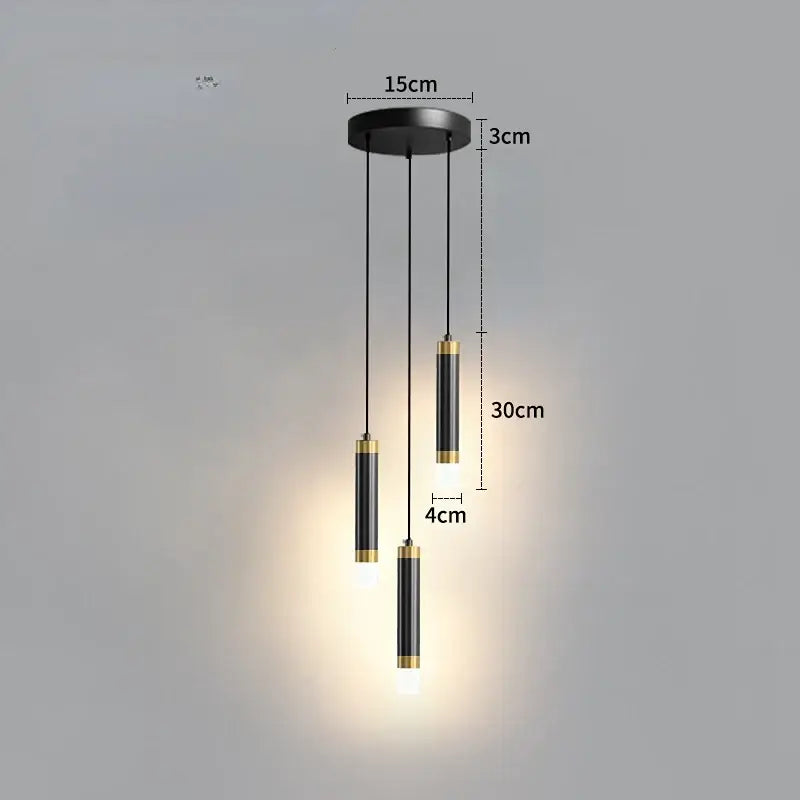 Modern black and gold cylindrical double head led pendant lights with three hanging bulbs for bedroom lighting