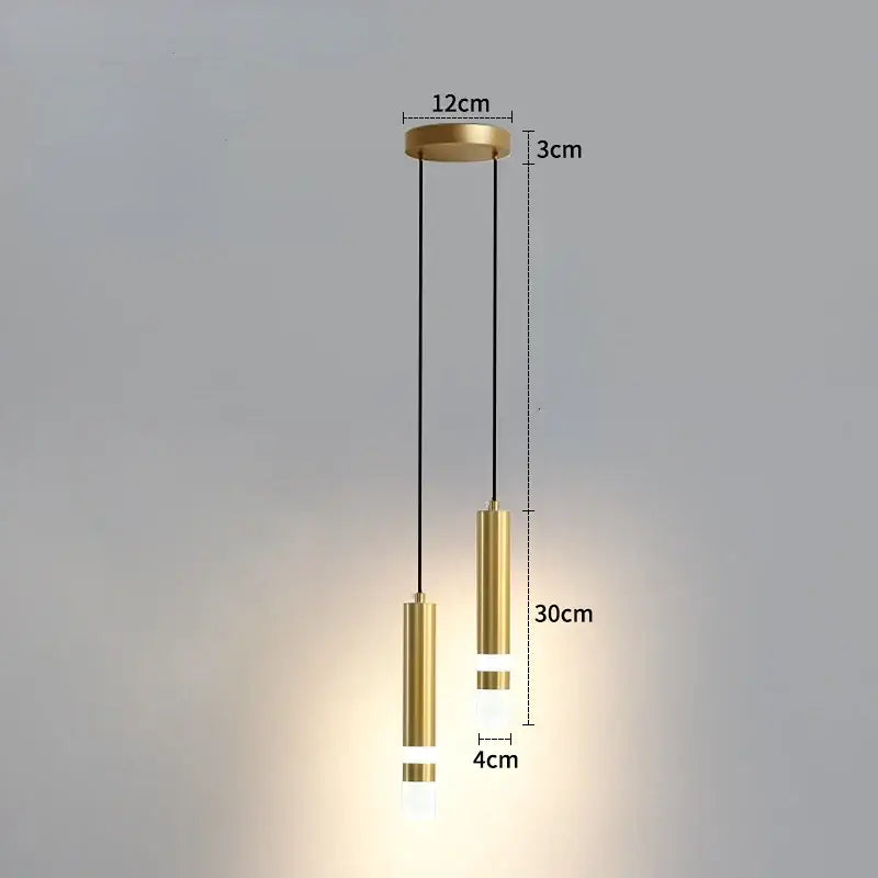 Modern gold double head led pendant lights featuring cylindrical frosted glass accents for bedroom lighting
