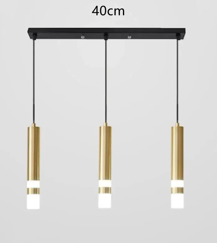 Modern gold double head led pendant lights with three cylindrical shades and white diffusers for bedroom use