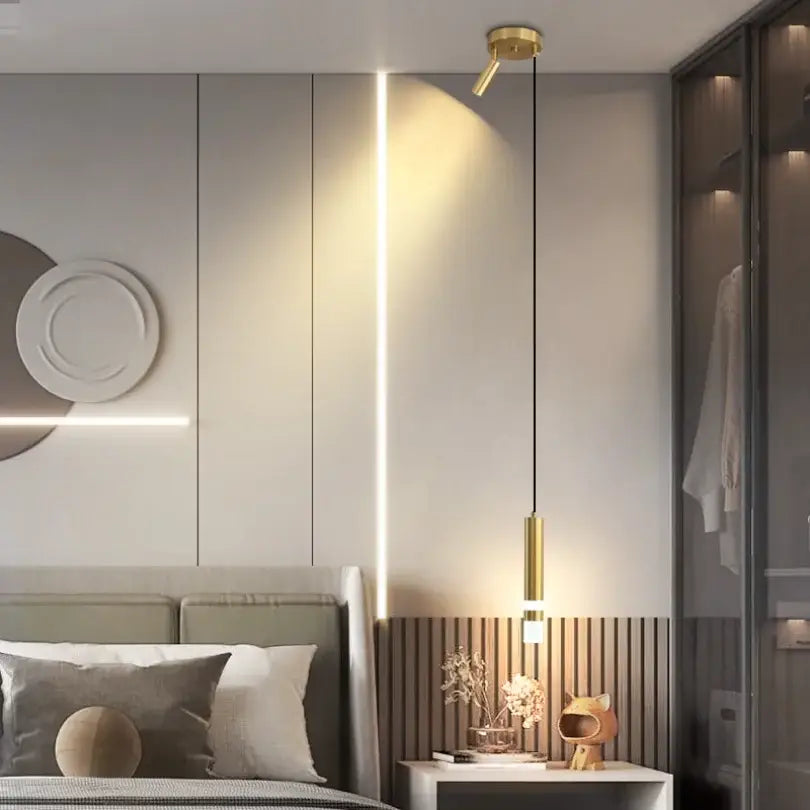 Gold-toned modern double head led pendant lights with cylindrical design for bedroom ceiling lighting
