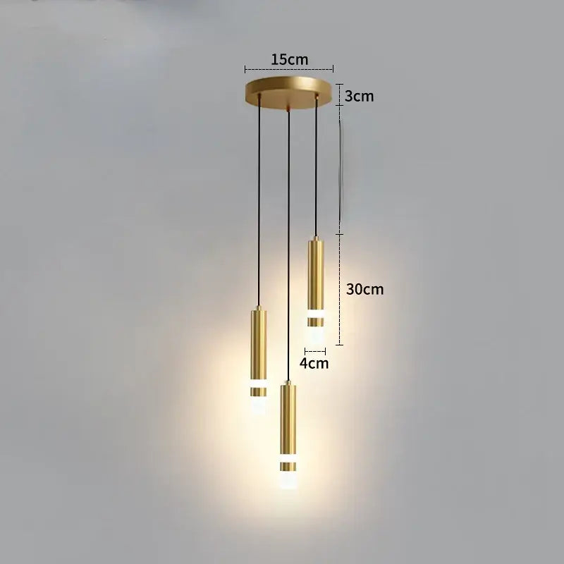 Modern gold-toned double head led pendant lights with cylindrical design and three bulbs for bedroom lighting