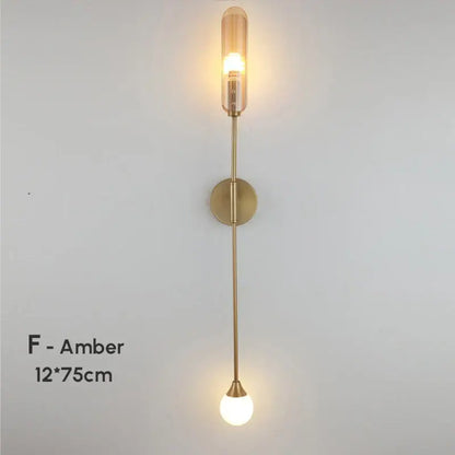 Modern gold double-head wall lights with slender stem amber and frosted glass shades for living room decorbites wall lights