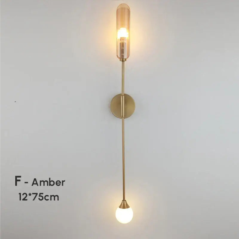 Modern gold double-head wall lights with slender stem amber and frosted glass shades for living room decorbites wall lights