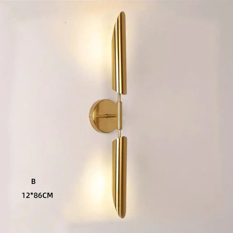 Modern gold double-head wall lights with sleek vertical rectangular arms and circular mounting plate for living room decorbites wall lights