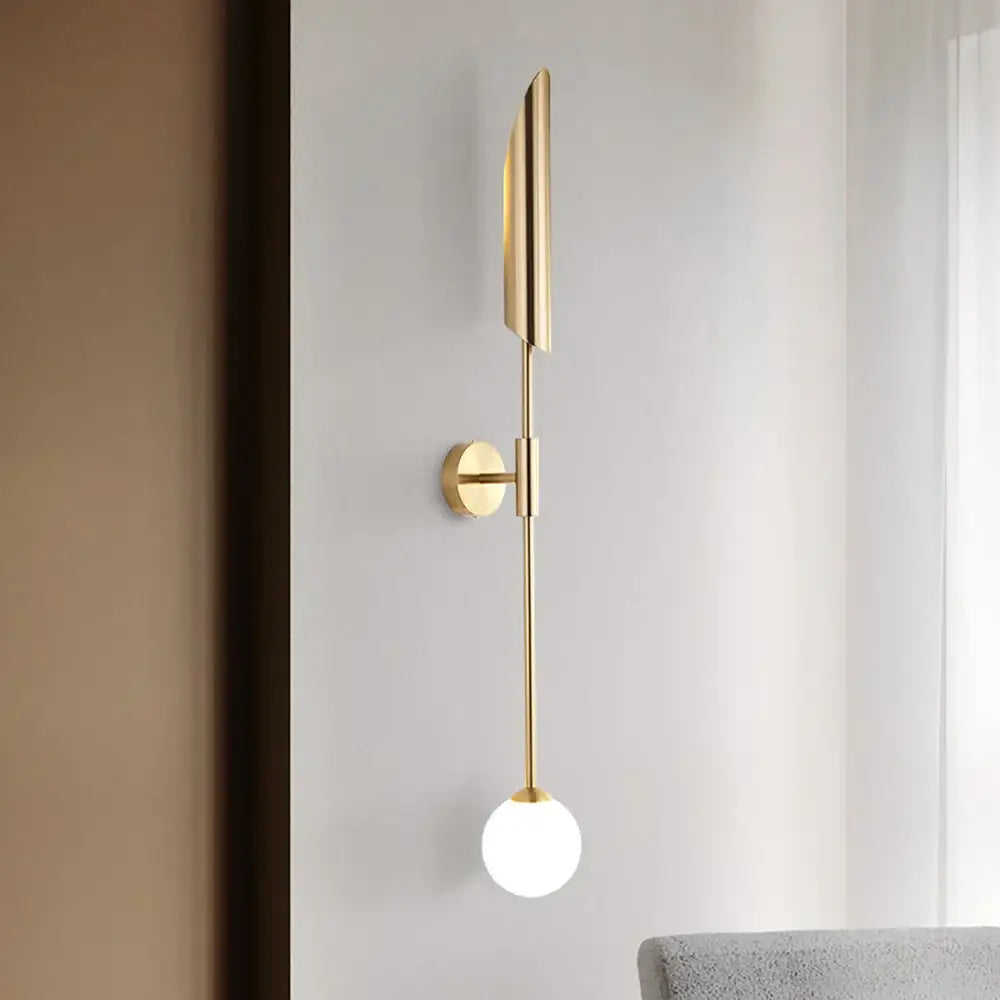 Modern gold double-head wall lights with gold-toned sleek blade top and frosted glass bulbs for living room decorbites wall lights