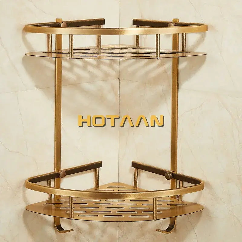 Modern gold double layer aluminum bathroom shower corner caddy with sleek metal frame and perforated shelves
