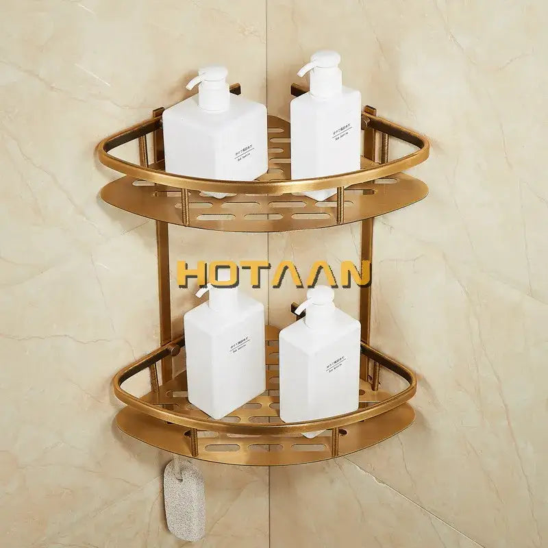 Modern gold double layer aluminum bathroom shower corner caddy with sleek metallic finish and perforated design