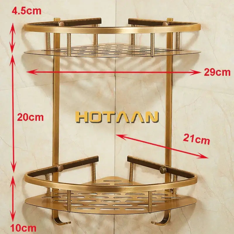 Modern gold double layer aluminum bathroom shower corner caddy with brass frame glass shelves and perforated trays