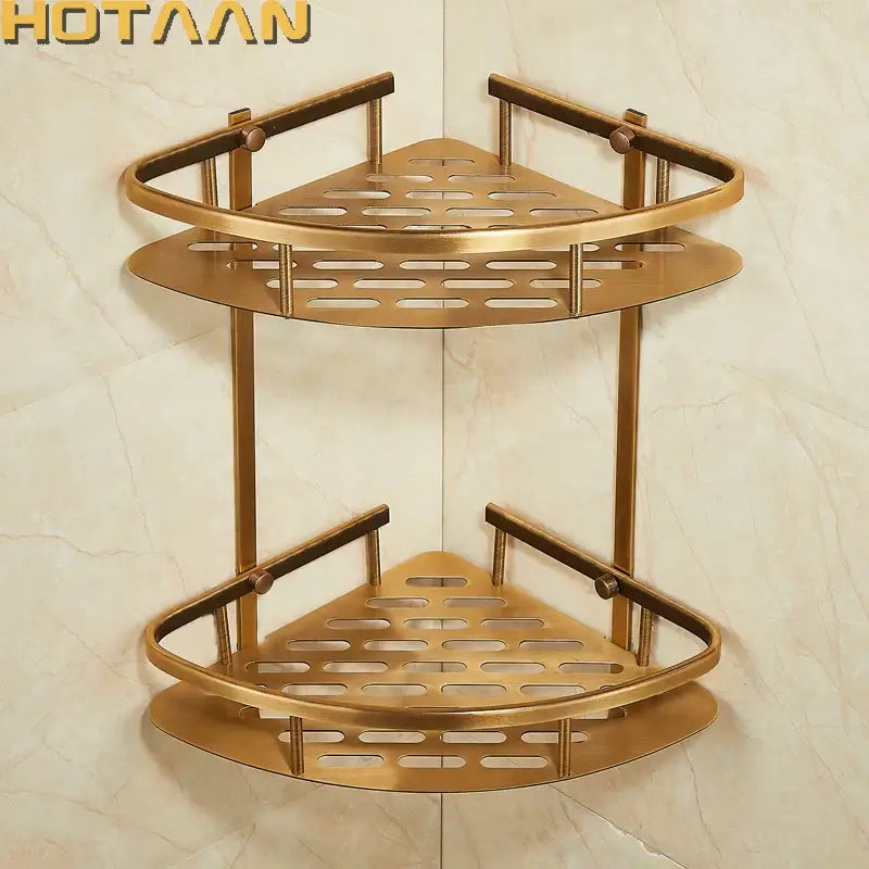 Modern gold double layer aluminum bathroom shower corner caddy with brass two-tier perforated design