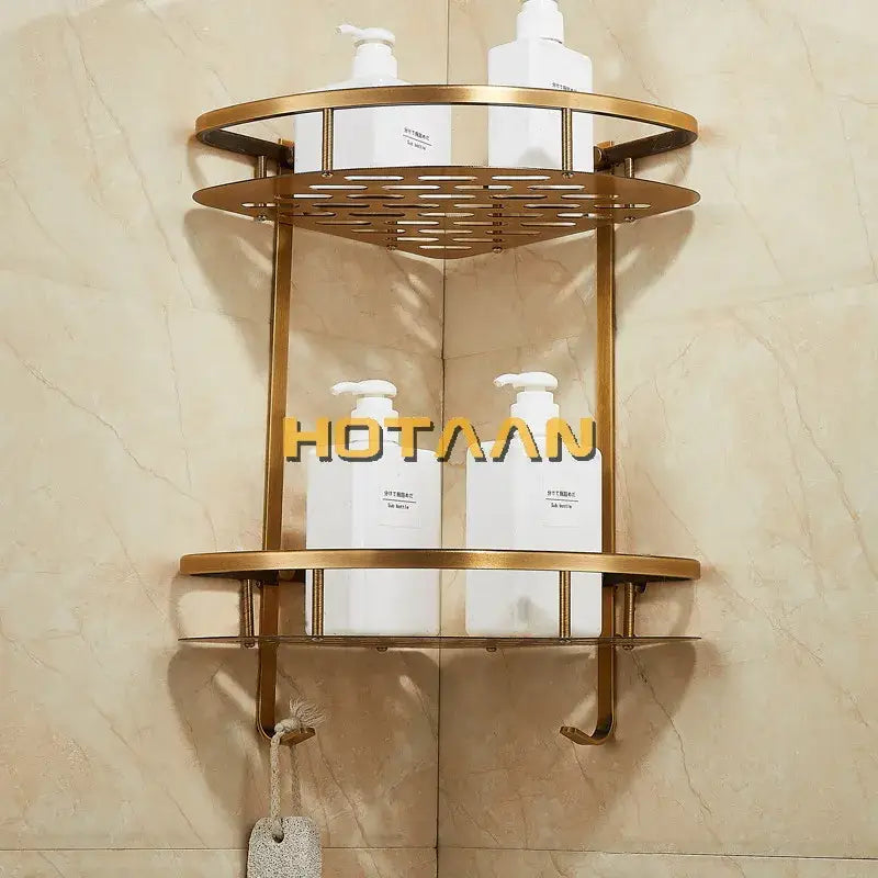 Gold-toned double layer aluminum bathroom shower corner caddy with two tiers and hooks for organized storage