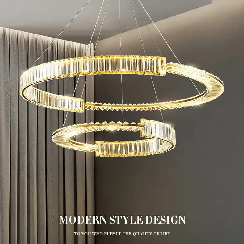 Modern gold double ring decorbites crystal chandelier with faceted crystal accents and illuminated led lighting for dining room