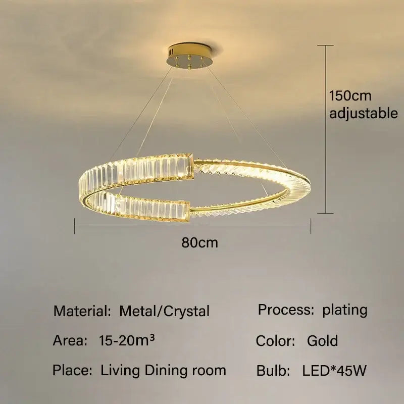 Modern gold double ring decorbites crystal chandeliers with gold-plated circular design and adjustable height for dining room