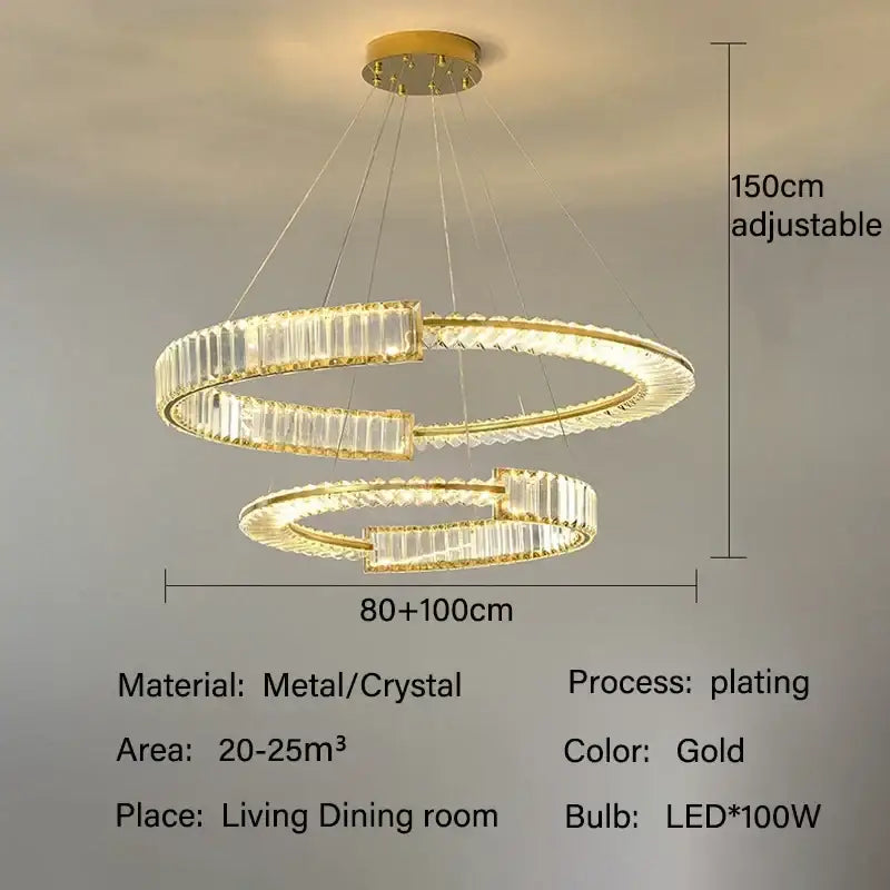 Modern gold double ring decorbites crystal chandelier with crystal accents and adjustable height for dining room