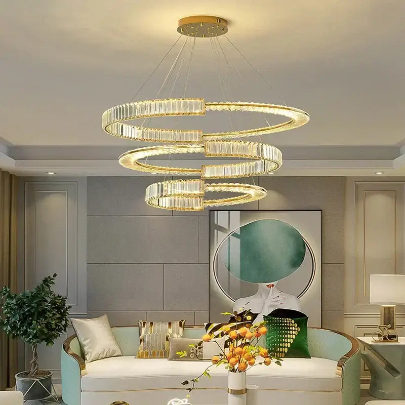 Modern gold double ring decorbites crystal chandeliers with gold-toned spiral design and crystal accents for dining room