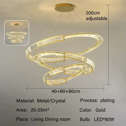 Modern gold double ring decorbites crystal chandeliers with gold-plated metal and crystal spiral rings for dining room