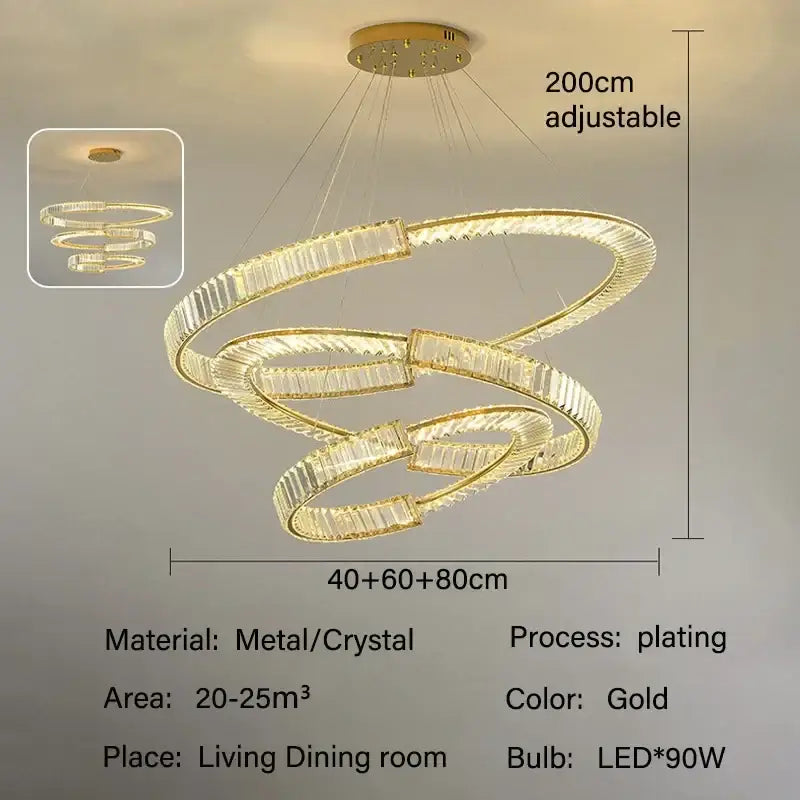 Modern gold double ring decorbites crystal chandeliers with gold-plated metal and crystal spiral rings for dining room