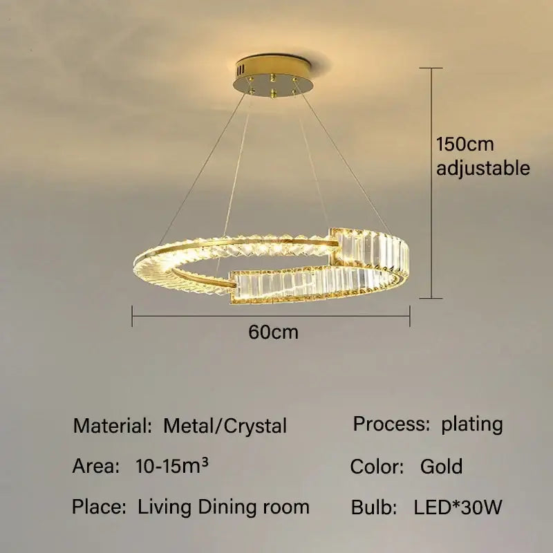 Modern gold double ring decorbites crystal chandeliers featuring gold-plated metal and adjustable height for dining room
