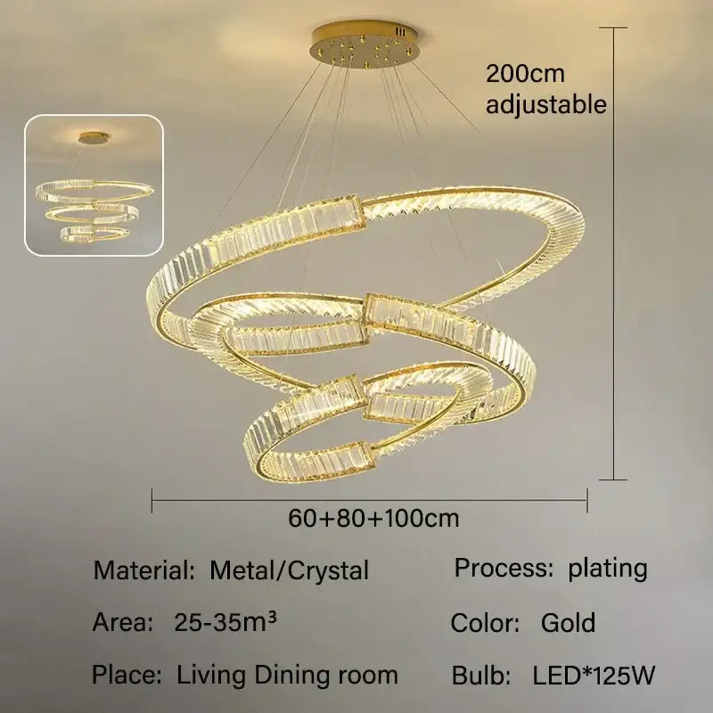 Modern gold double ring decorbites crystal chandelier with gold plated metal and crystal spiral design for dining room