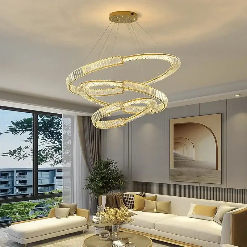 Modern gold double ring decorbites crystal chandelier with gold-toned spiral and crystal accents for dining room use