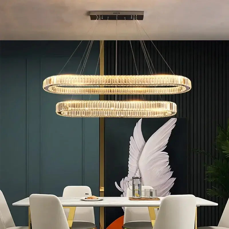 Modern gold double ring decorbites crystal led chandelier with crystal-encrusted metallic frames and warm glowing lights