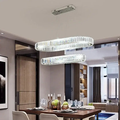 Modern double-tiered decorbites crystal led chandelier with clear crystal rods and a sleek silver metal frame for dining room
