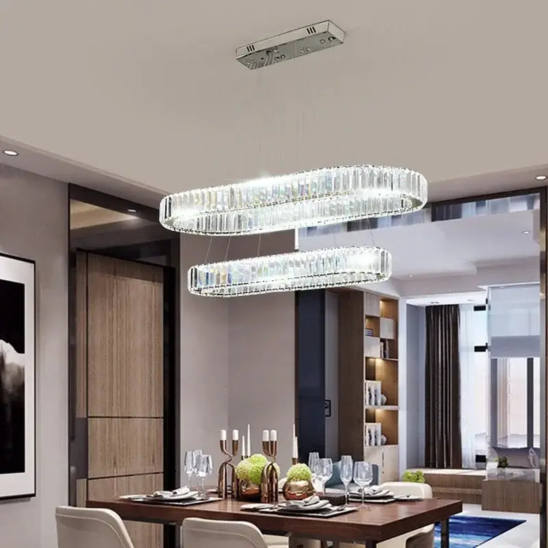 Modern double-tiered decorbites crystal led chandelier with clear crystal rods and a sleek silver metal frame for dining room