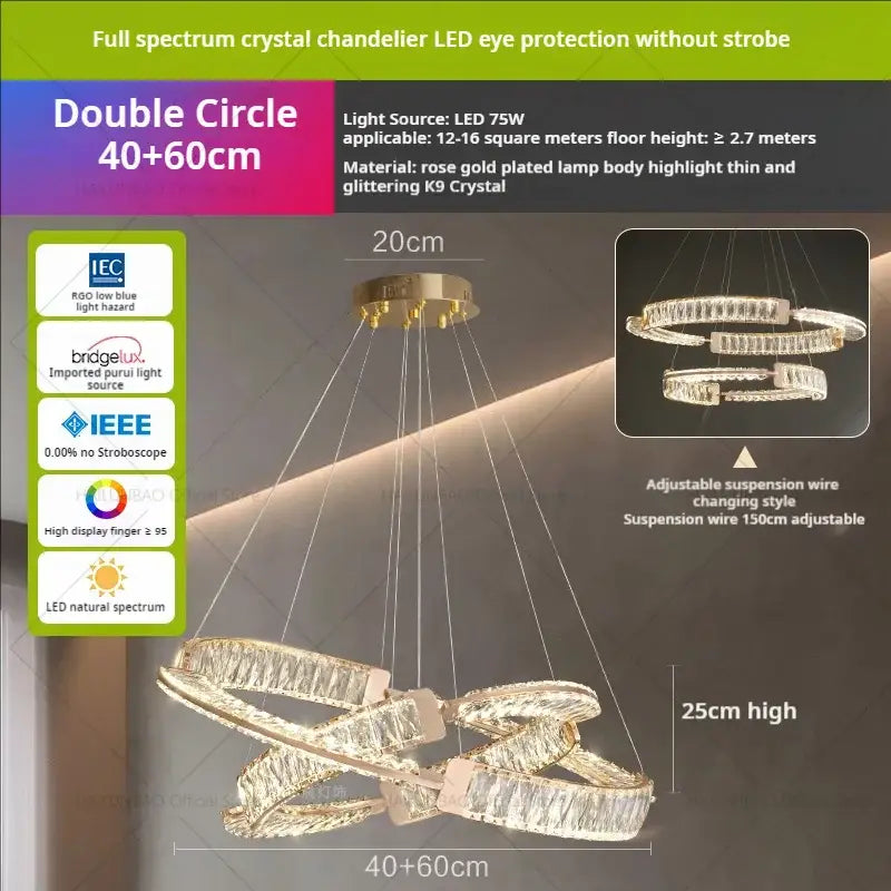 Modern gold double ring luxury crystal chandelier with rose gold plated body and glittering k9 crystals for decorbites light luxury