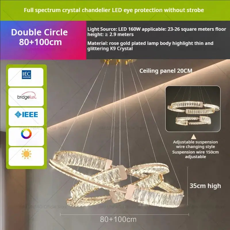 Modern gold double ring luxury crystal chandelier with rose gold plated lamp bodies and glittering k9 crystals for decorbites light luxury