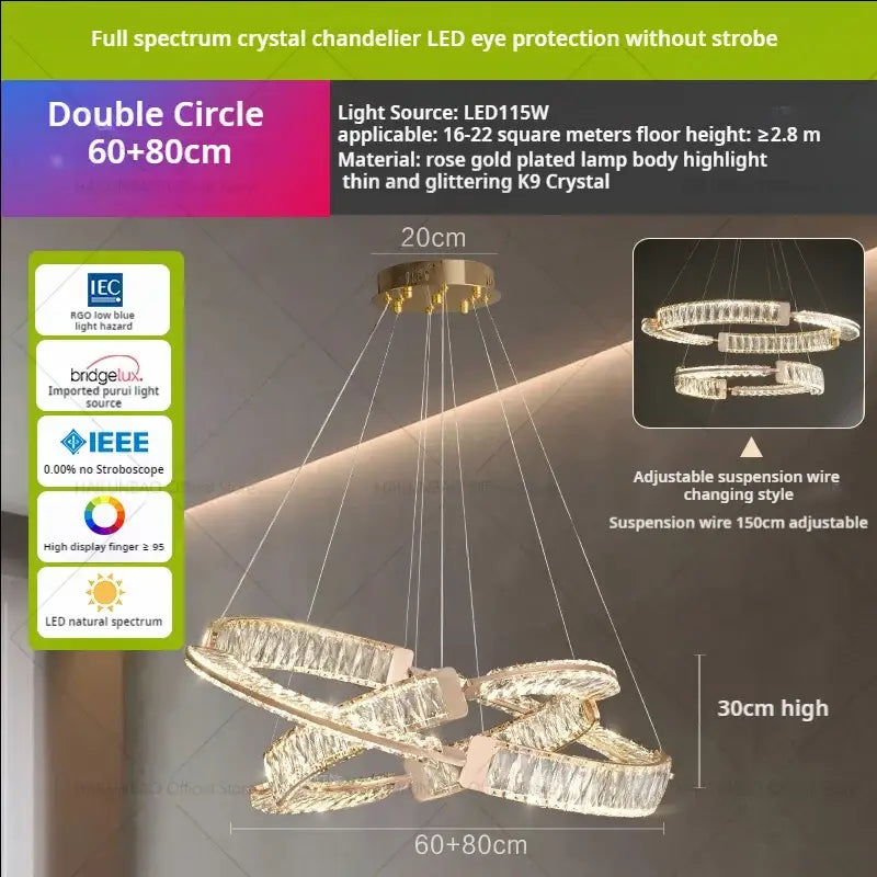 Modern gold double ring luxury crystal chandelier with rose gold plated body and k9 crystal rings for decorbites light luxury