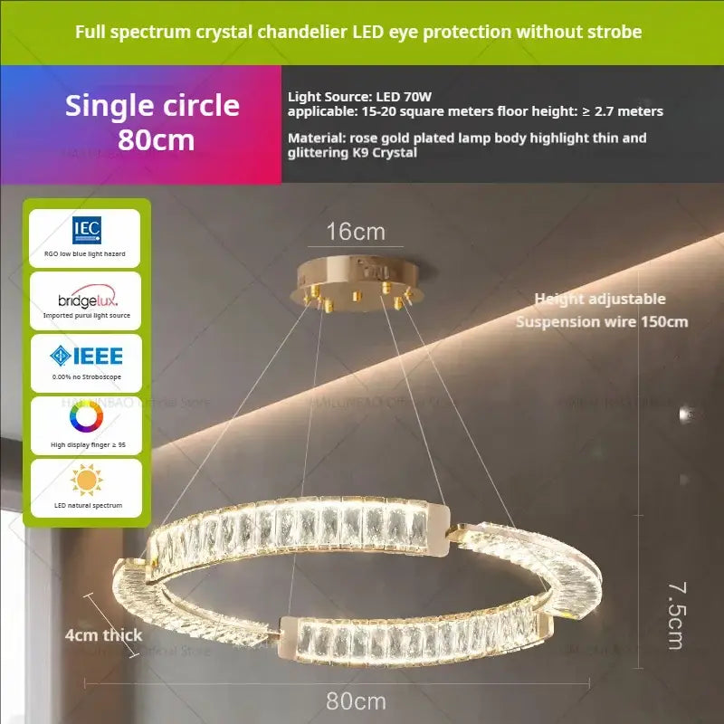 A modern gold single-circle luxury crystal chandelier with rose gold body and k9 crystal accents for dining room decorbites light luxury