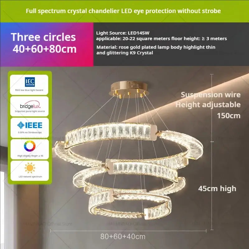 Modern gold double ring luxury crystal chandelier with rose gold plated body and k9 crystals for dining room decorbites light luxury