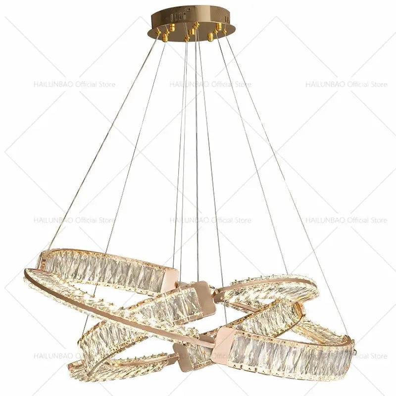 Modern gold double ring luxury crystal chandelier with interlocking rings and led lighting for dining room decorbites light luxury