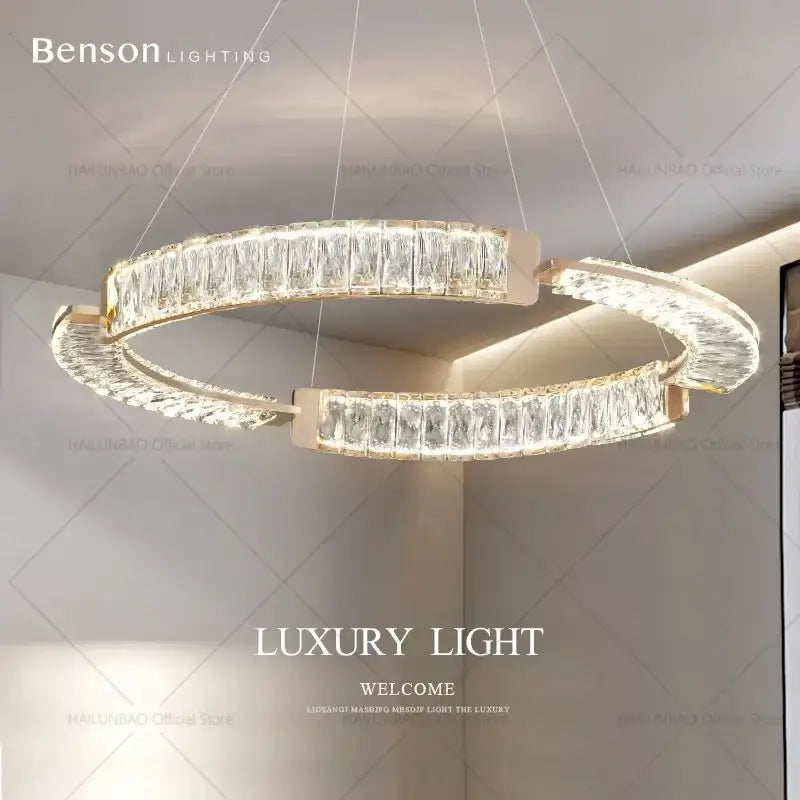 Modern gold double ring luxury crystal chandelier with clear rectangular crystals for dining room decorbites light luxury
