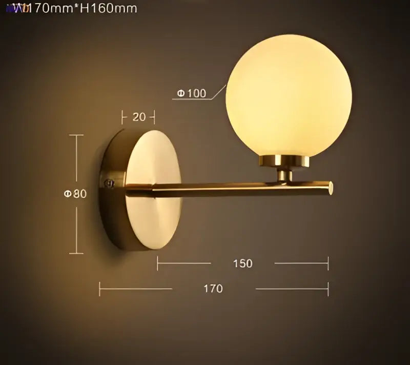 Brass-finished led wall light with frosted glass ball shade for modern bedroom wall lights