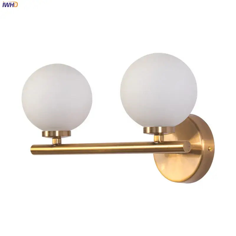 Modern gold led wall sconce with two frosted glass ball shades for bedroom wall lights