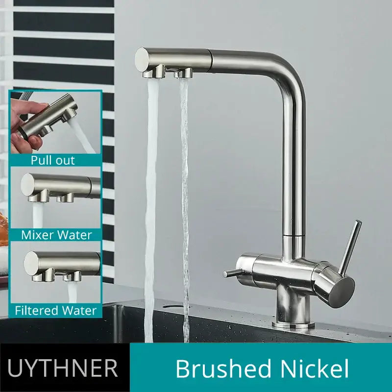 Brushed nickel decorbites dual handle waterfilter kitchen faucet with pull-out spray head and modern mixer functions