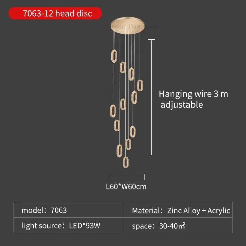 Modern gold duplex crystal chandelier with circular head disc and oval led lights for villa living room