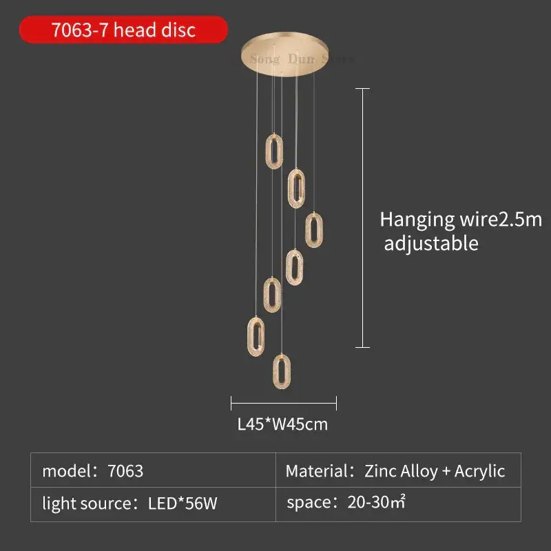 Modern gold duplex crystal chandelier with seven oval acrylic elements suspended from a zinc alloy disc for villa living room