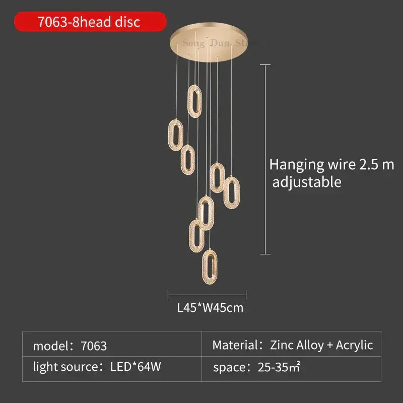 Modern gold duplex crystal chandelier with eight oval LED lights suspended from a zinc alloy base for villa living room