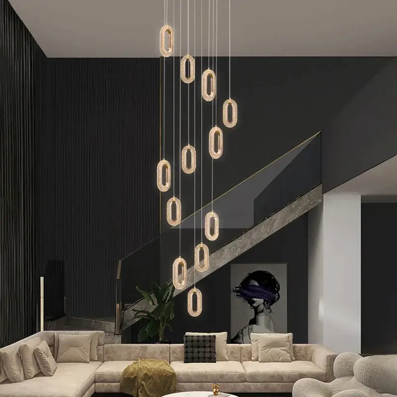 Modern gold duplex crystal chandelier with oval minimalist design for villa living room ceiling installation