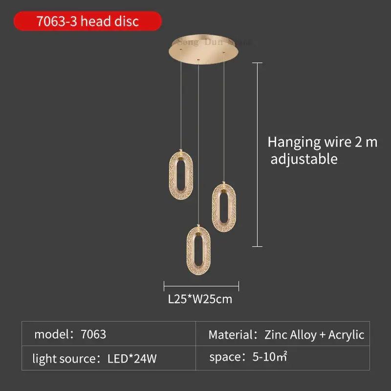 Modern gold duplex crystal chandelier with textured sparkling finish and three hanging elements for villa living room