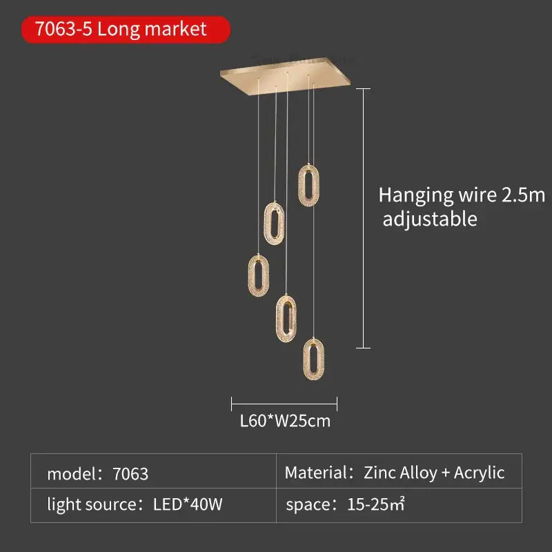 Modern gold duplex crystal chandelier features five oval acrylic elements suspended from zinc alloy ceiling plate