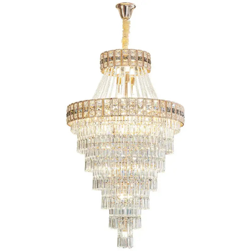 Modern gold duplex villa crystal chandelier with cascading clear and gold-accented glass prisms for staircase living room