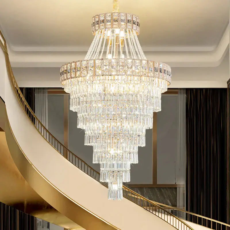 Modern gold duplex villa crystal chandelier with cascading clear crystals and gold-toned accents for staircase living room