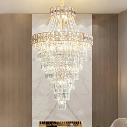 Modern gold duplex villa crystal chandelier with cascading clear glass prisms for staircase living room lighting